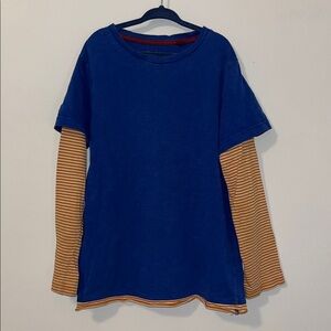 BODEN Boys 7/8 Long Sleeve Layered Shirt Cotton Striped Raw Hem Navy Orange